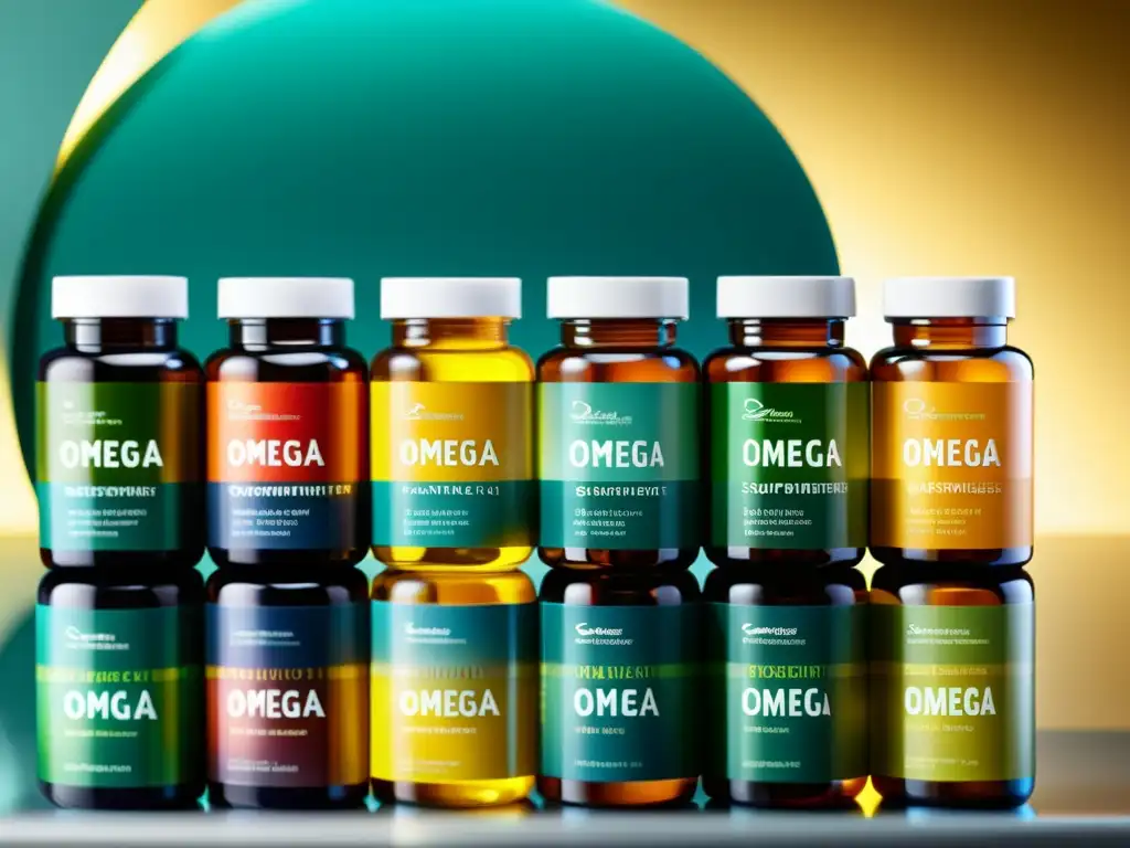 Suplementos Omega-3: Detalles Vibrantes Una variedad de suplementos de omega 3 organizados en un elegante fondo, resaltando sus beneficios para el sistema inmunológico