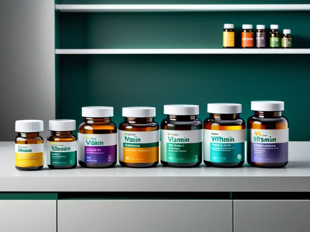 Suplementos Premium para Reforzar la Inmunidad Una variedad de suplementos y vitaminas para sistema inmunológico, dispuestos en un elegante mostrador, con etiquetas claras y nítidas