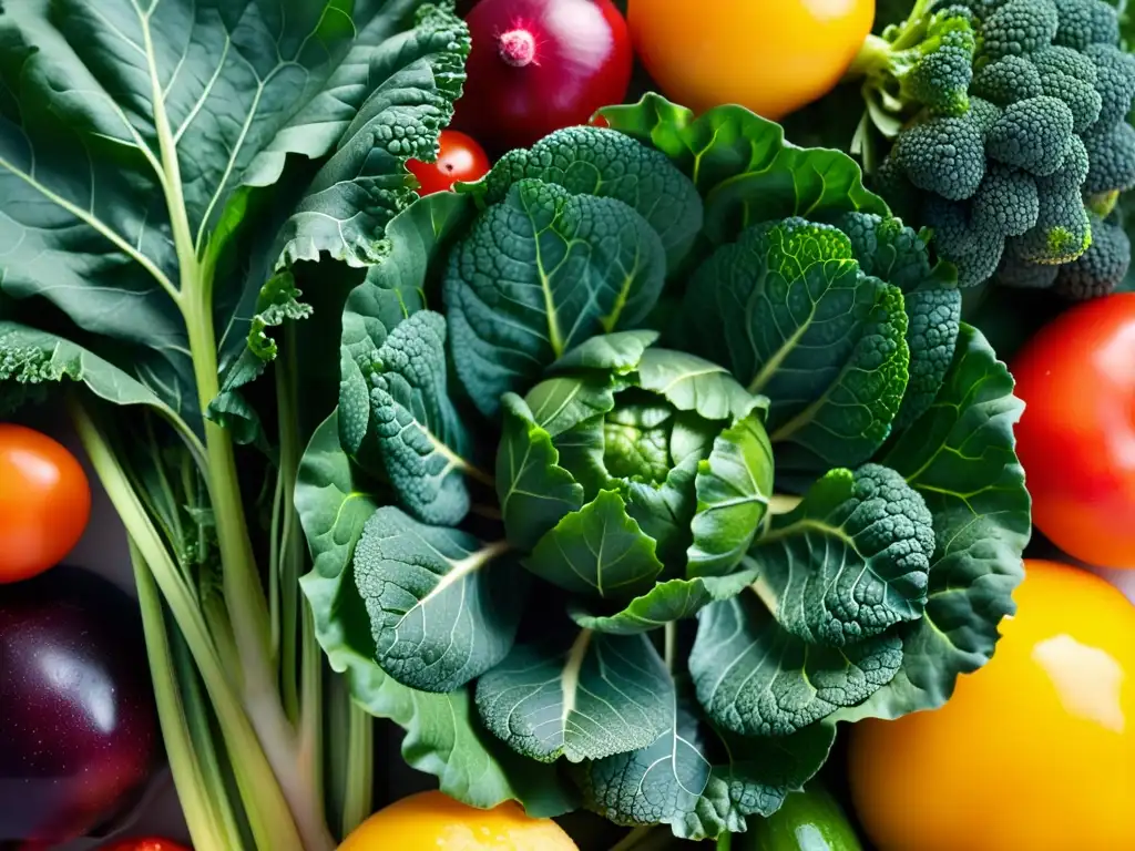 Vegetales Frescos: Detalles Coloridos y Saludables Una variedad de vegetales frescos y coloridos dispuestos de forma impresionante, resaltando la importancia de la microbiota intestinal