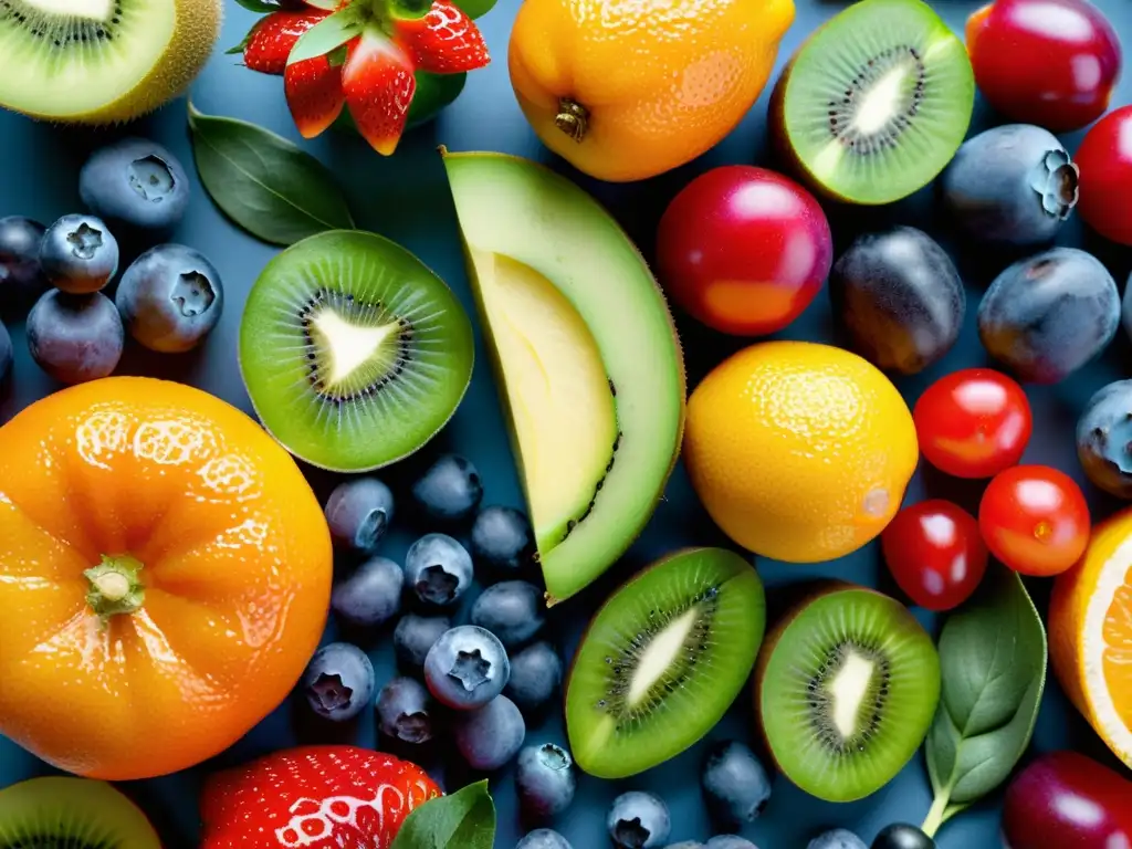 Exuberante variedad de frutas y verduras: un festín visual Una variedad vibrante de frutas y verduras frescas en un patrón simétrico