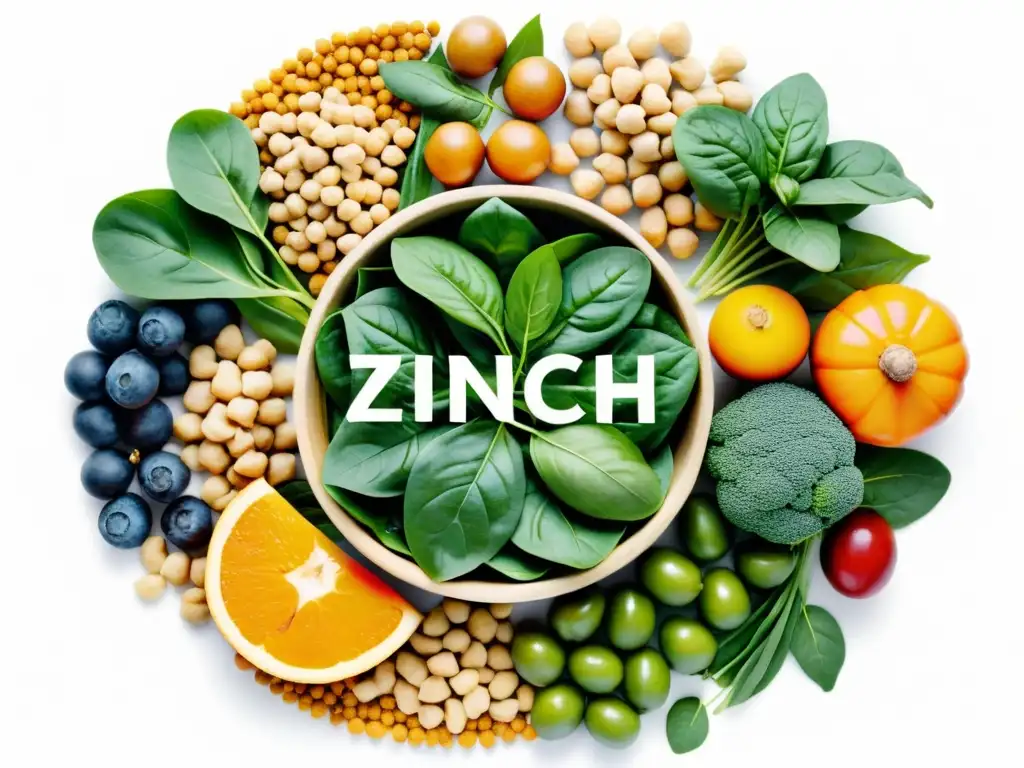 Deliciosos alimentos ricos en zinc para una salud inmunológica vibrante Variedad vibrante de frutas y verduras ricas en zinc, destacando la importancia del zinc en inmunidad