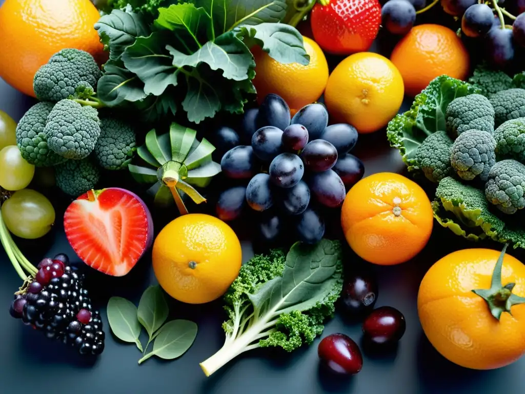Una variedad vibrante de frutas y verduras frescas en una encimera de cocina moderna