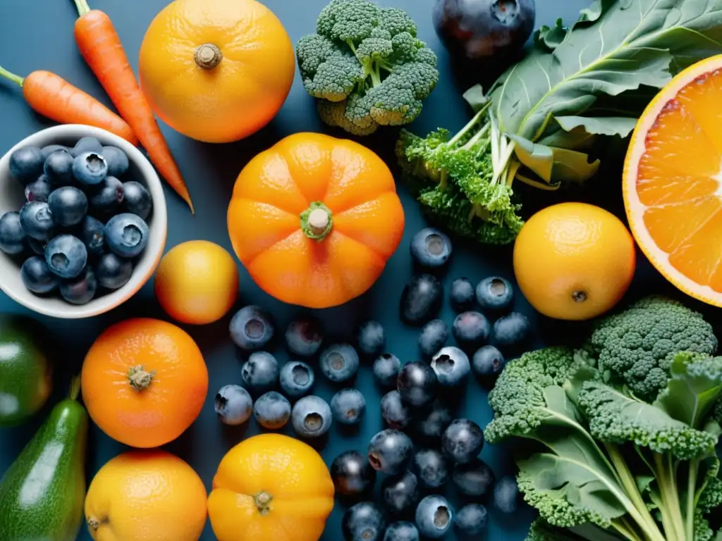 Exuberante variedad de frutas y verduras frescas Una variedad vibrante de frutas y verduras frescas que exudan vitalidad y salud