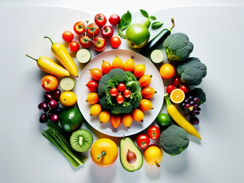 Arcoíris de Frutas y Verduras Frescas en Cocina Moderna Una variedad vibrante de frutas y verduras frescas, meticulosamente dispuestas en un mostrador blanco