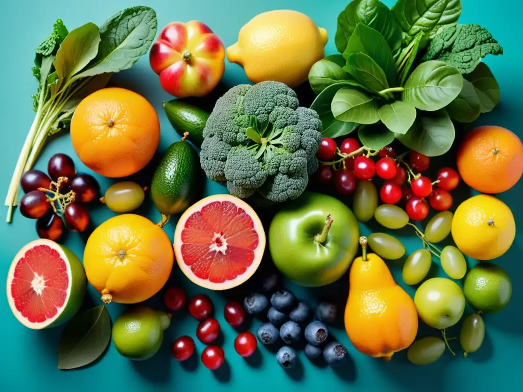 Variedad vibrante de frutas y verduras frescas Una variedad vibrante de frutas y verduras frescas, resaltando su diversidad nutricional