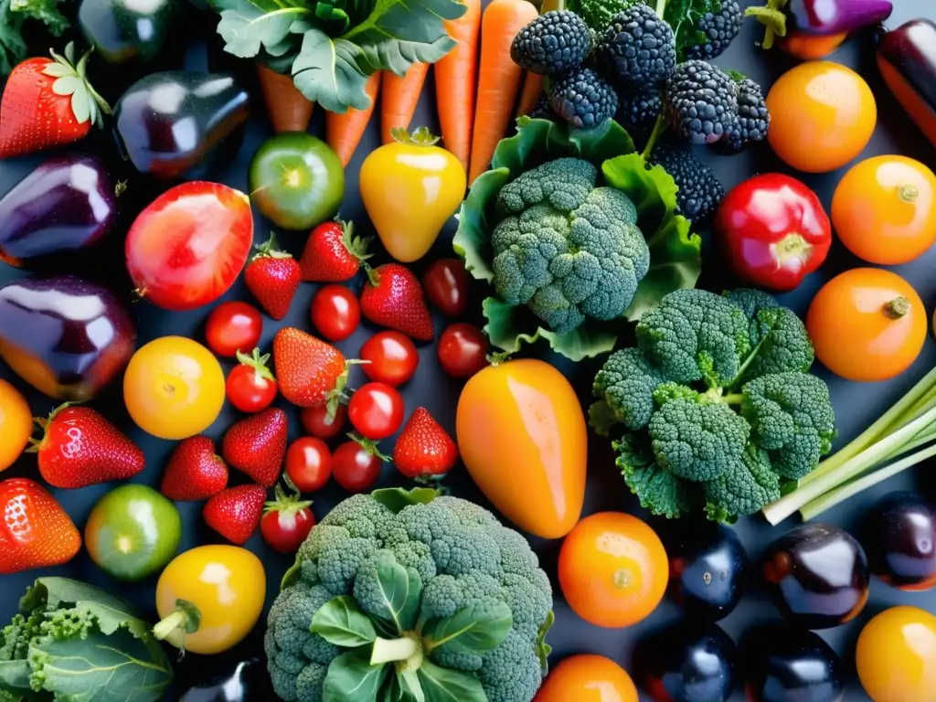 Una variedad vibrante de frutas y verduras frescas, destacando la importancia de una dieta equilibrada para la genética del sistema inmunológico
