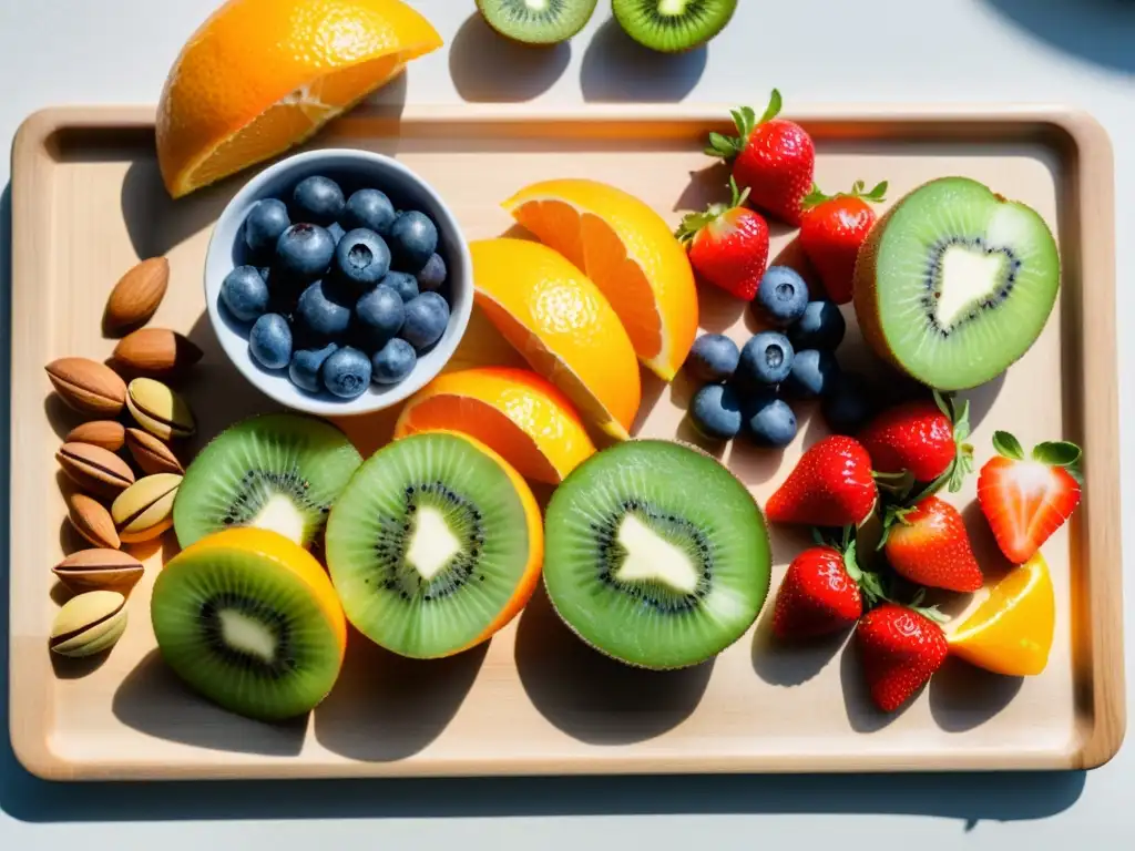 Bodegón de snacks saludables: frutas y frutos secos Una variedad vibrante de snacks saludables para el sistema inmunológico, con frutas frescas y frutos secos, en una tabla de madera