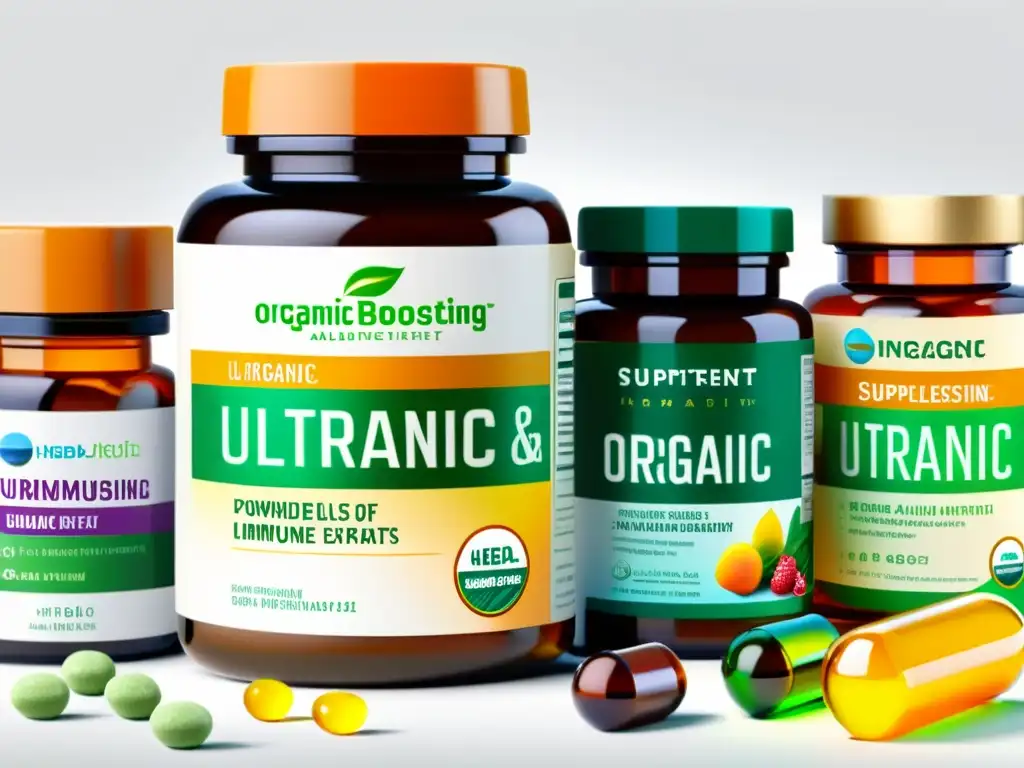 Suplementos Orgánicos para Inmunidad Una variedad de vibrantes suplementos orgánicos para fortalecer el sistema inmunológico en una composición artística y moderna
