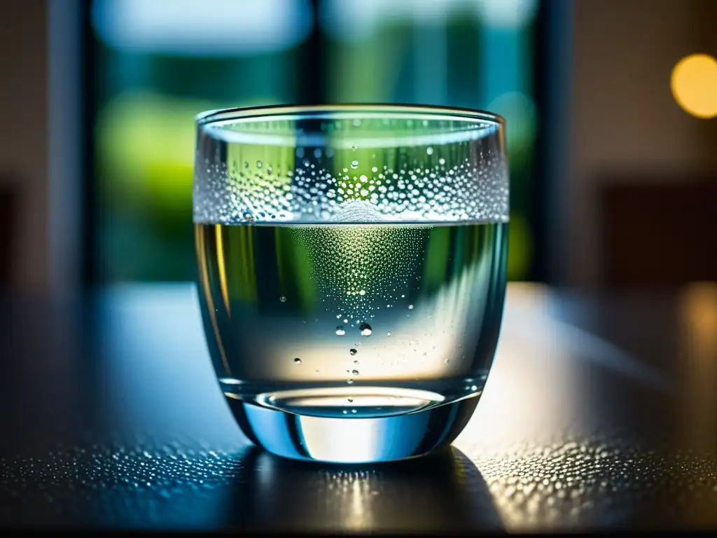 Un vaso de agua cristalina con gotas de condensación, sobre una mesa moderna y elegante