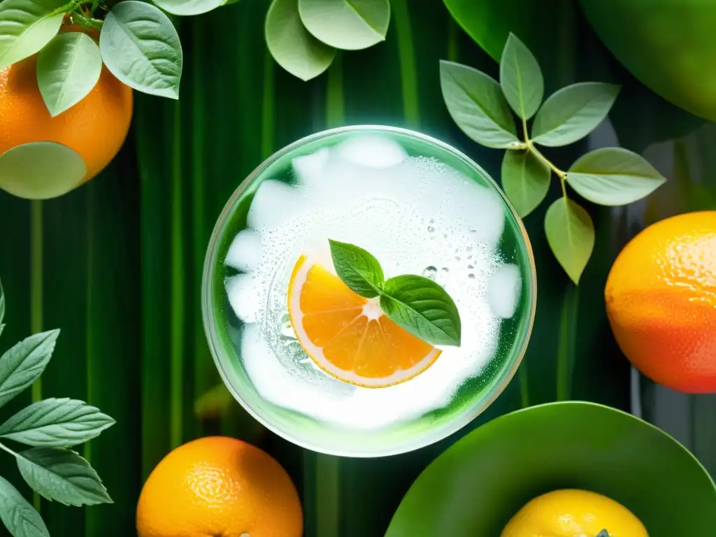 Frescura y vitalidad: vaso de agua y frutas Un vaso de agua fresca rodeado de frutas jugosas y hojas verdes, resaltando la importancia de la hidratación para inmunidad
