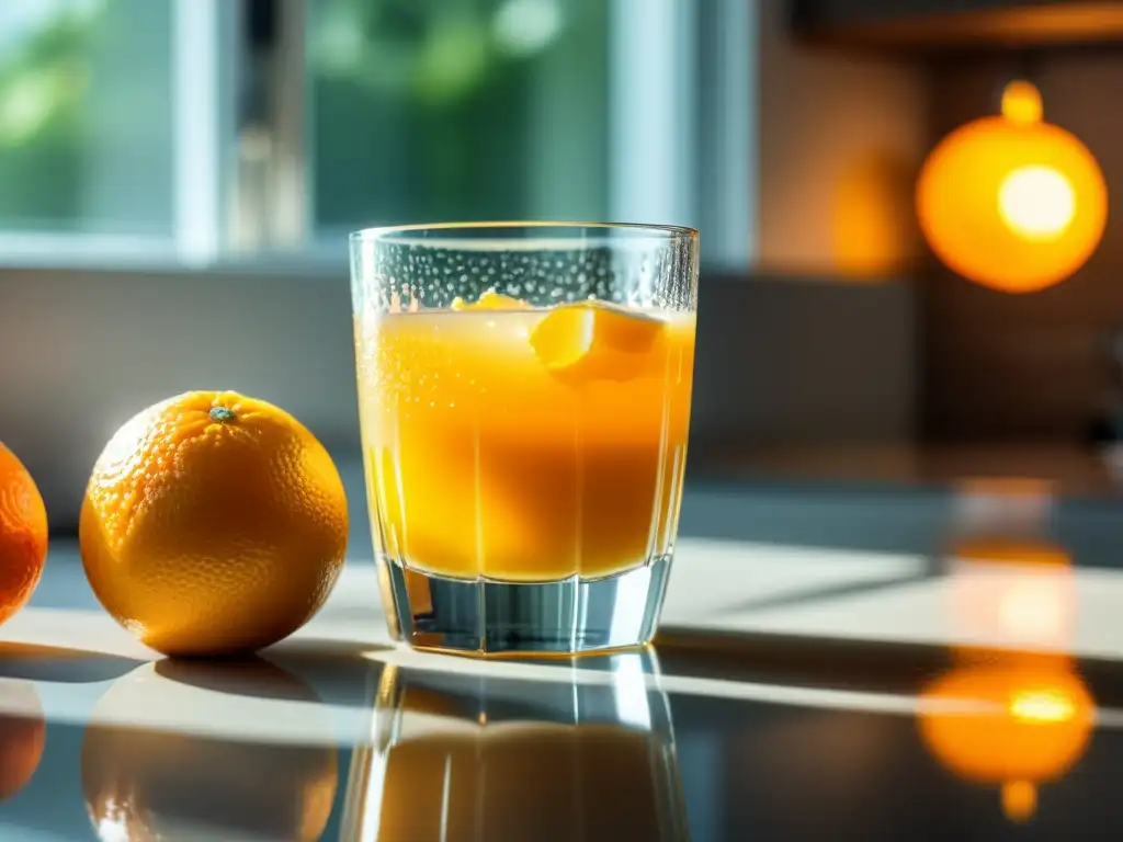 Zumo de naranja recién exprimido en un entorno fresco y natural Un vaso de jugo de naranja recién exprimido en una cocina luminosa