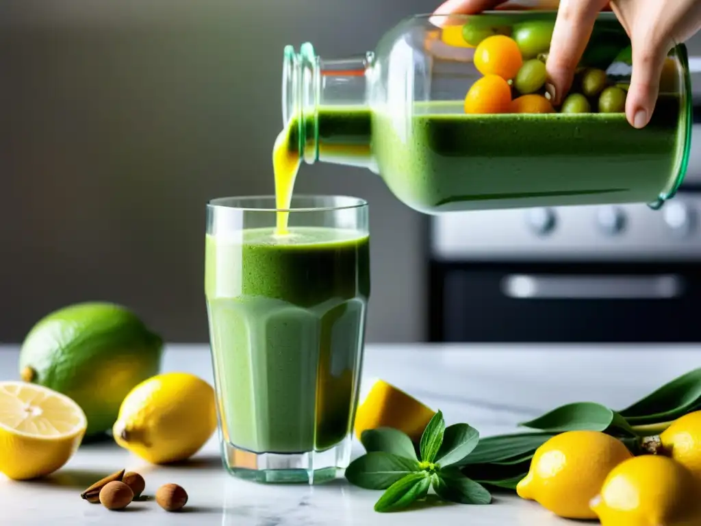 Deliciosa receta de batido verde con jengibre y frutas Un vaso de smoothie verde con jengibre, frutas y especias en una cocina moderna
