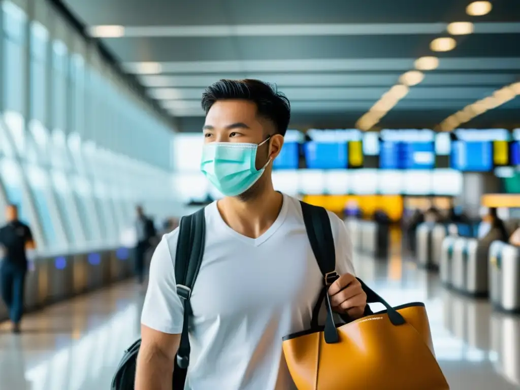 Viajero seguro: suplementos para un viaje sano Un viajero en el aeropuerto con suplementos inmunitarios para viajeros, listo para su viaje con determinación y confianza