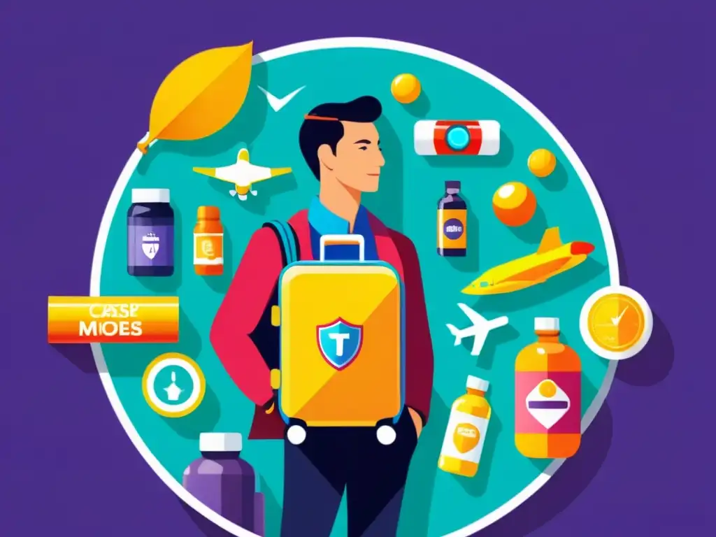 Viajero saludable: protección inmune vibrante Un viajero moderno rodeado de suplementos inmunitarios y esenciales para viajar, irradiando vitalidad y confianza