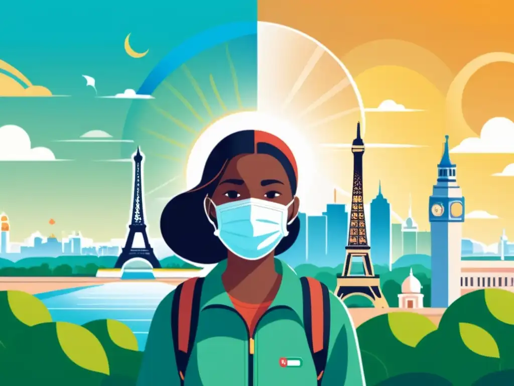 Viajero protegido: inmunidad y seguridad global Un viajero sereno con mascarilla y escudo protector, inspirando confianza y tranquilidad al explorar el mundo, simbolizando el seguro internacional enfermedades inmunológicas