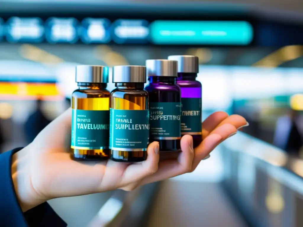 Suplementos para viajes: mano con botellas brillantes en aeropuerto Un viajero sostiene suplementos inmunitarios para viajeros en un bullicioso aeropuerto