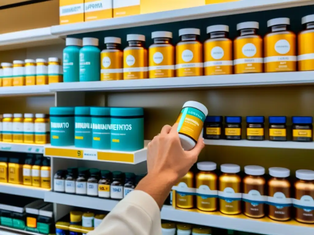 Suplementos Inmunitarios para Viajeros: Protección Dorada en la Farmacia Un viajero elige suplementos inmunitarios para viajeros en una farmacia moderna