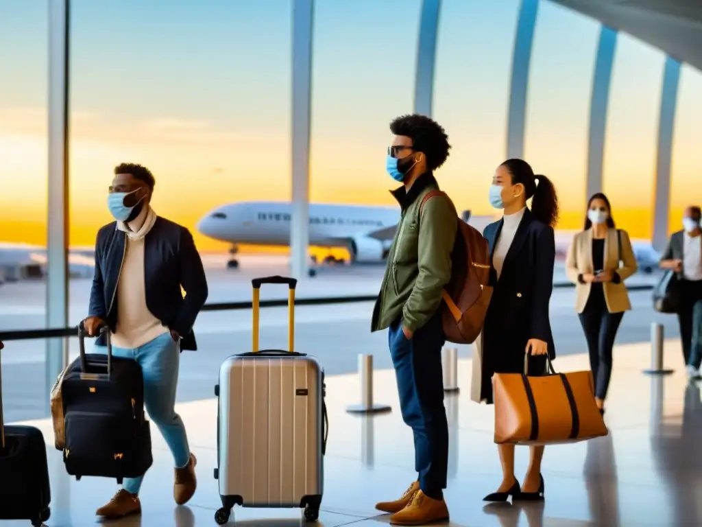 Emoción internacional: Viajeros en aeropuerto moderno Viajeros con equipaje y mascarillas en el aeropuerto internacional, listos para su seguro internacional enfermedades inmunológicas