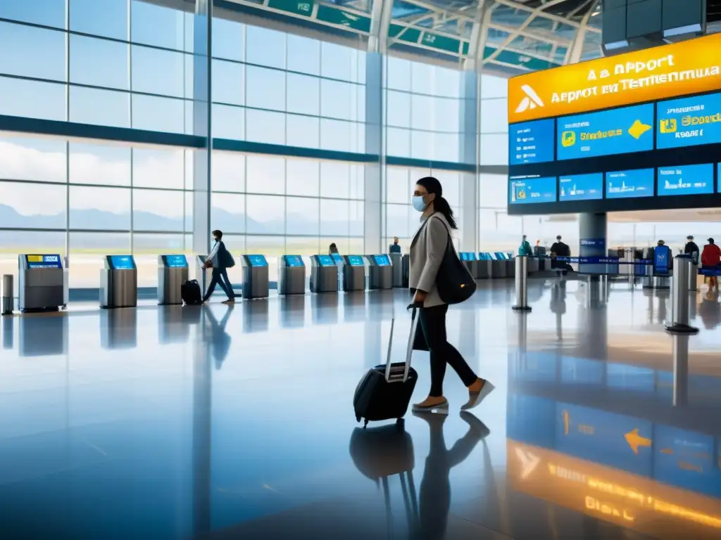 Terminal aéreo con precauciones sanitarias Viajeros cumpliendo precauciones en aeropuerto internacional, con distanciamiento social y medidas de salud visibles