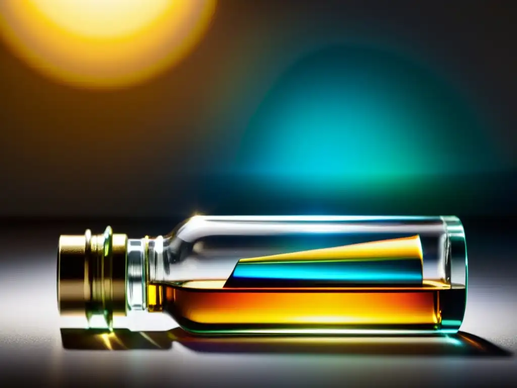 Vial de laboratorio con líquido dorado: espectro de colores hipnótico Vial de laboratorio con líquido dorado, refractando luz en banco de laboratorio moderno