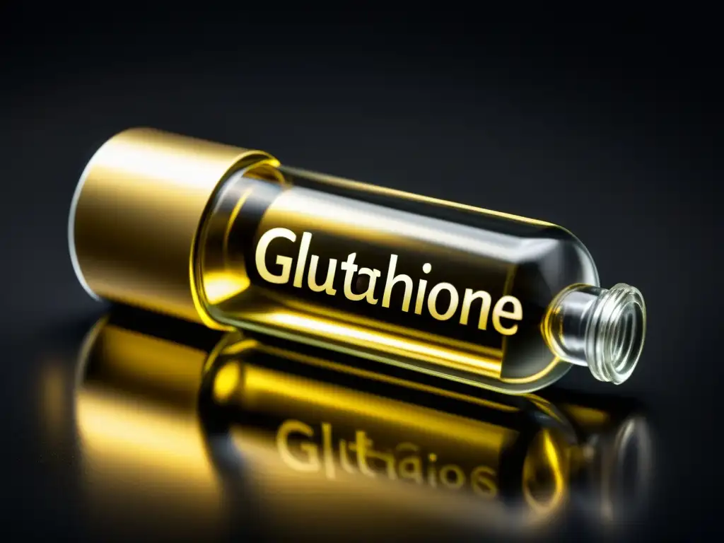 Vial de Glutatión: Elegancia y Antioxidantes Un vial de vidrio transparente lleno de un líquido dorado y brillante, con la etiqueta 'Glutatión' en tipografía elegante