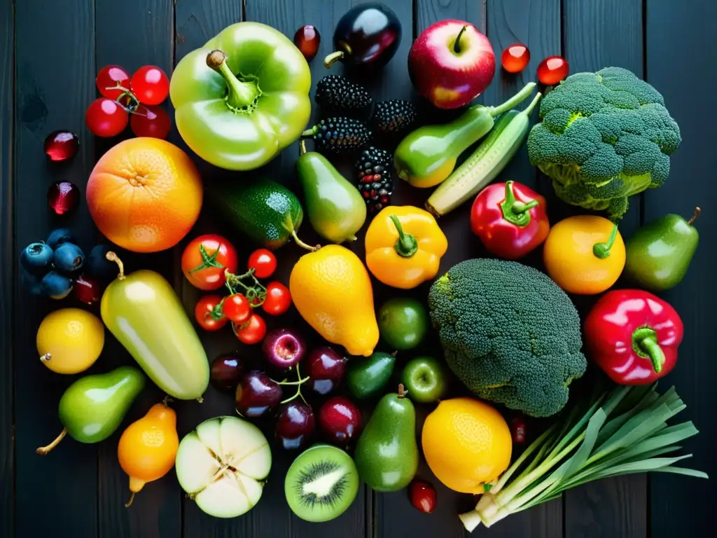 Exquisita exhibición de frutas y verduras frescas en detalle Vibrante arreglo de frutas y verduras en una mesa de madera