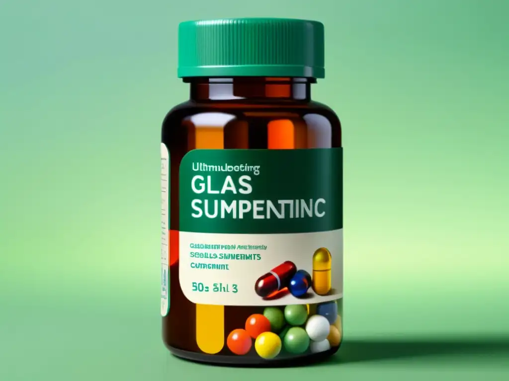 Suplementos Inmunoestimulantes: Detalle Vibrante Vibrante botella de suplementos para el refuerzo inmunitario, perfectamente ordenados y listos para ayudar a estudiantes en época de exámenes