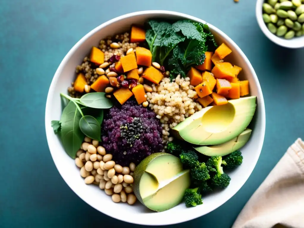 Bowl Buddha colorido con superalimentos internacionales Un vibrante Buddha bowl con ingredientes internacionales para reforzar inmunidad: quinoa, kale, aguacate, frutos secos y semillas