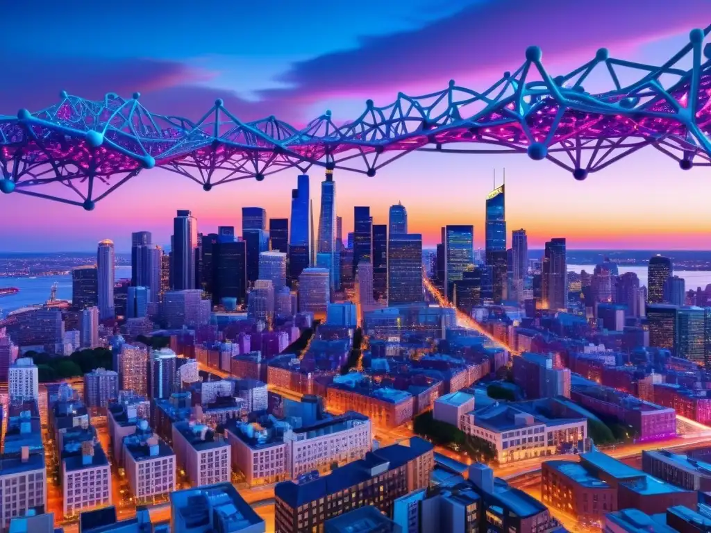 Neuronas en la ciudad al atardecer: salud sexual Vibrante ciudad al atardecer con red de neuronas iluminadas en colores vivos, simbolizando la relación entre vida sexual activa y sistema inmunológico