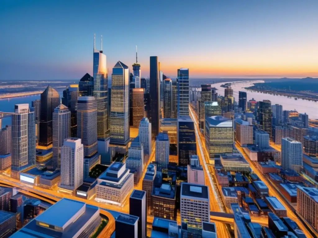 Cityscape moderno en atardecer dorado Vibrante ciudad moderna iluminada por un cálido resplandor dorado