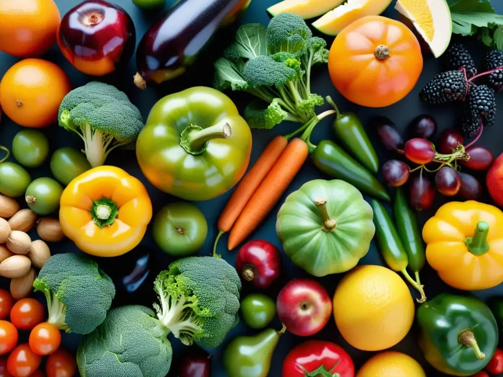 Vitaminas en Abundancia: Frutas y Verduras Vibrantes Vibrante composición de frutas y verduras ricas en vitamina A, evocando vitalidad y frescura