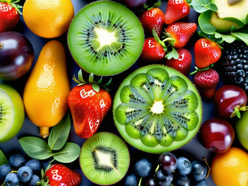 Explosión de frescura: Frutas y verduras vibrantes en un patrón simétrico Una vibrante composición de frutas y verduras frescas, goteando agua, ideal para fortalecer el sistema inmunológico