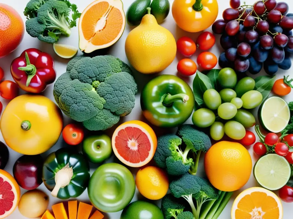 Patrón vibrante de frutas y verduras: colores y texturas en alta definición Una vibrante composición de frutas y verduras, destacando la diversidad de alimentos antiinflamatorios para fortalecer el sistema inmunológico