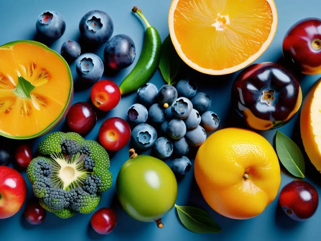 Vibrante bodegón de frutas y verduras para la salud Vibrante composición de frutas y verduras, vital para el sistema inmunológico
