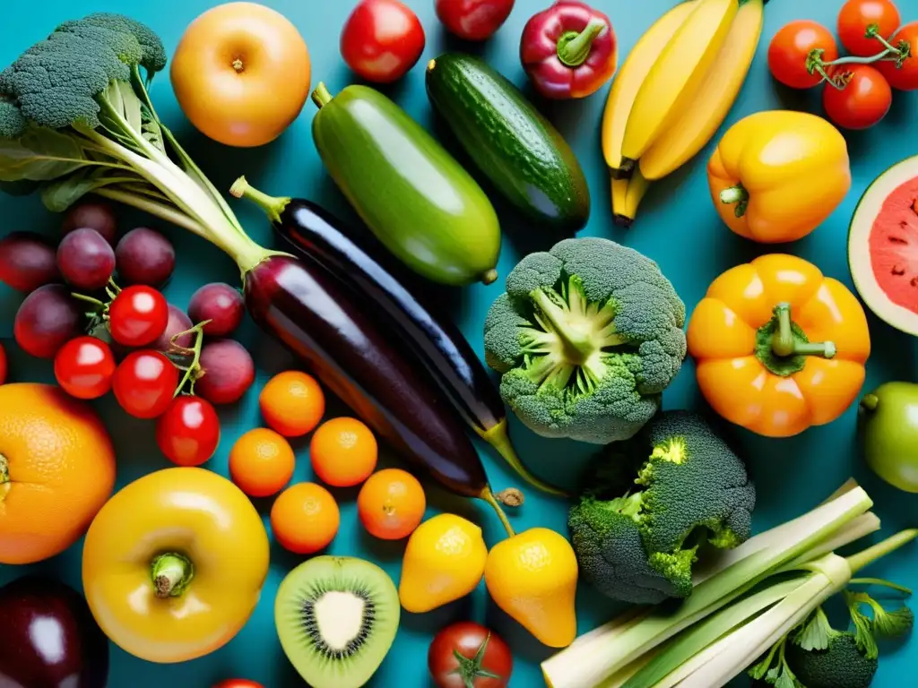 Arcoíris de Frutas y Verduras: Nutrición Vibrante Para Niños Vibrante composición de frutas y verduras resalta la belleza natural