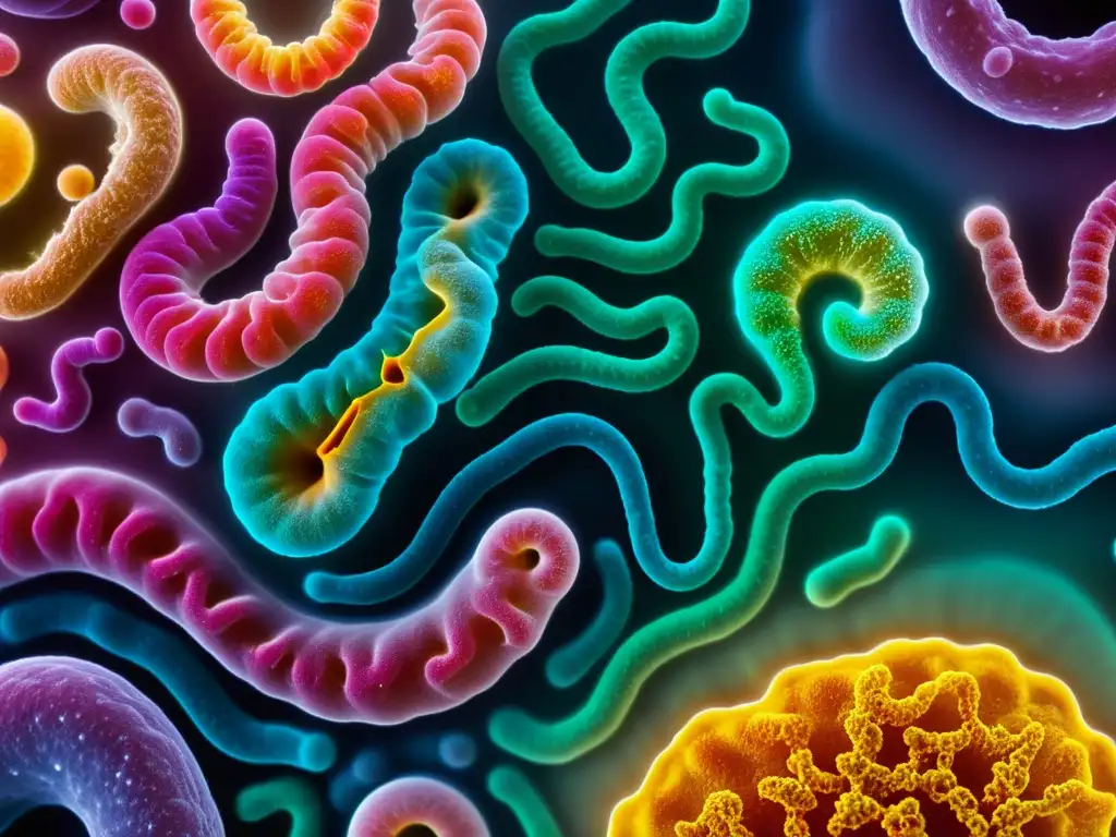 Microbioma intestinal: diversidad bacteriana en alta resolución Vibrante comunidad bacteriana en intestino humano, resaltando la importancia de la diversidad para el sistema inmune