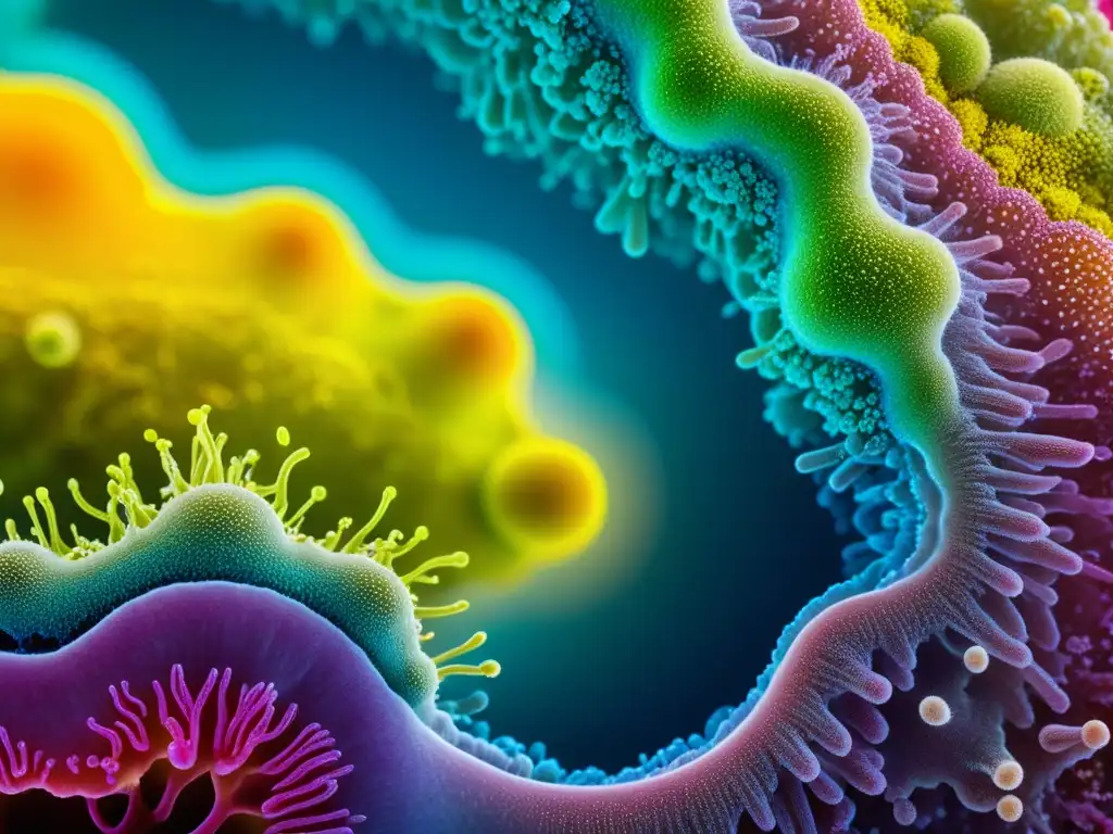 Microbiota intestinal: Ecosistema vibrante en closeup Una vibrante comunidad de microorganismos en el intestino, mostrando su red compleja