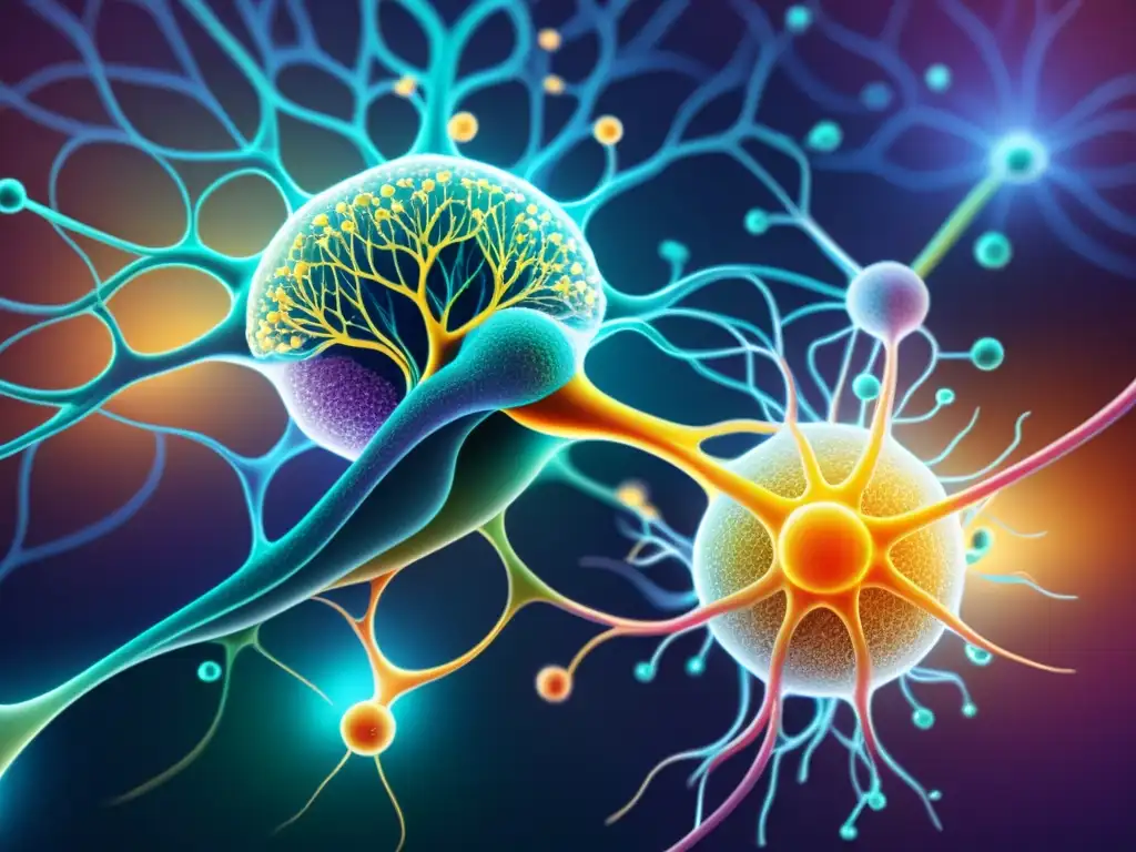 Red de neuronas e inmunidad: vitalidad y armonía en la salud Una ilustración vibrante muestra la conexión entre salud mental y sistema inmunológico, con neuronas y células inmunes entrelazadas en armonía
