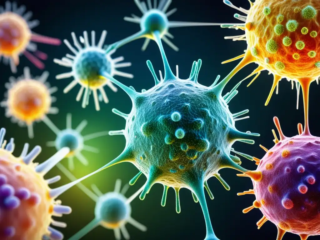 Interacción de células T: Detalles vibrantes y precisos Una representación vibrante y detallada de células T reguladoras interactuando con células T, destacando la complejidad del sistema inmunológico