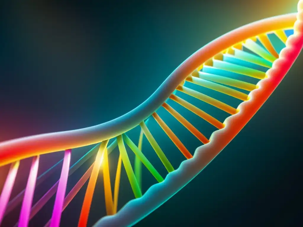Estructura de ADN: Belleza y complejidad genética Una representación vibrante y detallada de la estructura del ADN, resaltando su complejidad y belleza, con colores brillantes y llamativos
