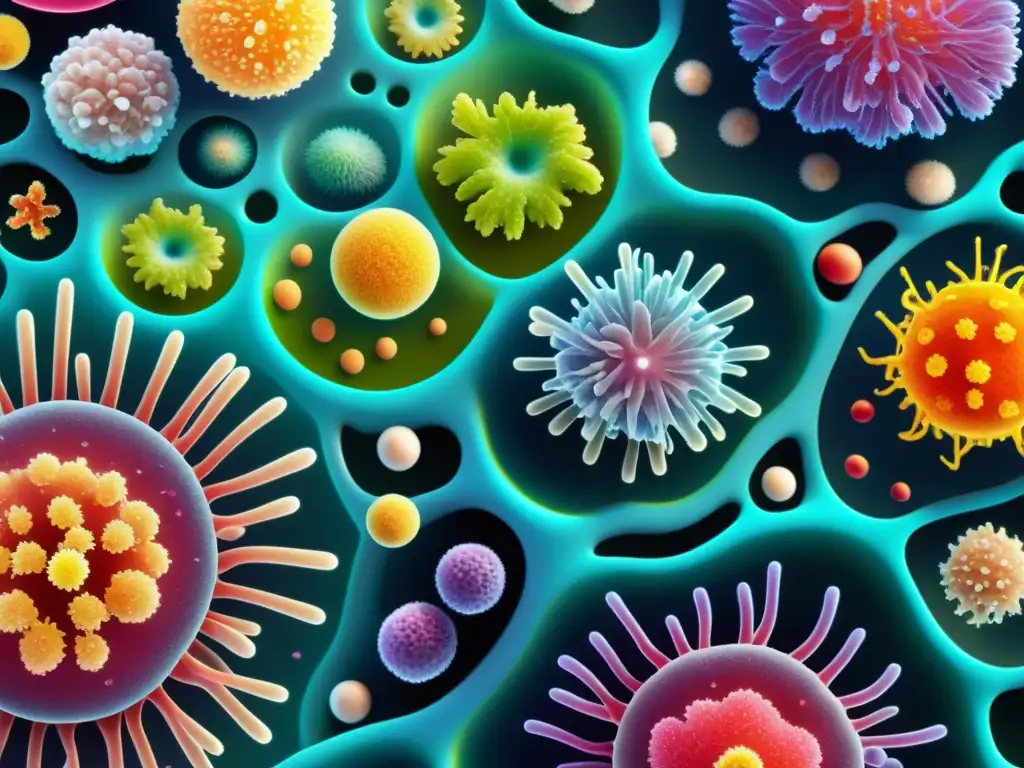 Microbioma vibrante: Bacterias amigables y células inmunes crean un ecosistema dinámico y saludable Una vibrante y detallada imagen de un paisaje microbiológico con bacterias y células inmunes, creando un ecosistema bullicioso