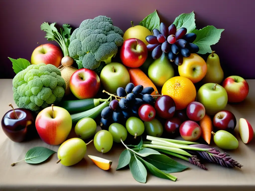 Bodegón de frutas y verduras vibrante Una ilustración vibrante y detallada de una variedad diversa de frutas y verduras coloridas, en una escena de cosecha abundante