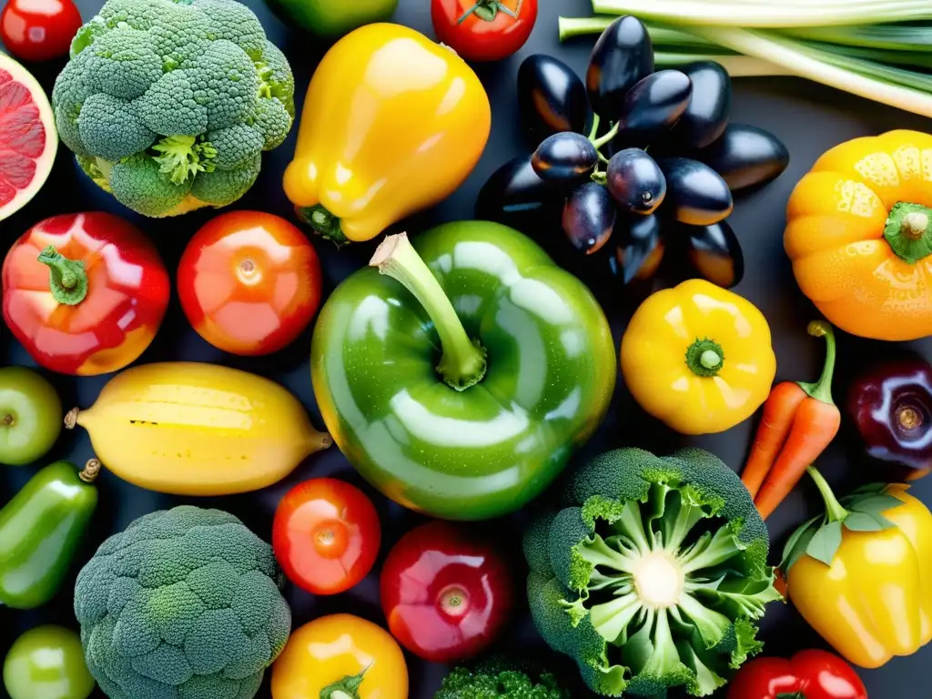 Exuberante exhibición de frutas y verduras frescas Una vibrante y detallada variedad de frutas y verduras, un festín para fortalecer la inmunidad con alimentos funcionales