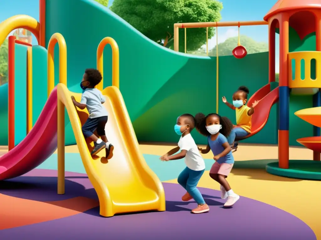 Niños felices y seguros juegan en un parque colorido Un vibrante y detallado dibujo de niños diversos usando mascarillas, jugando en un parque soleado con medidas de higiene y seguridad