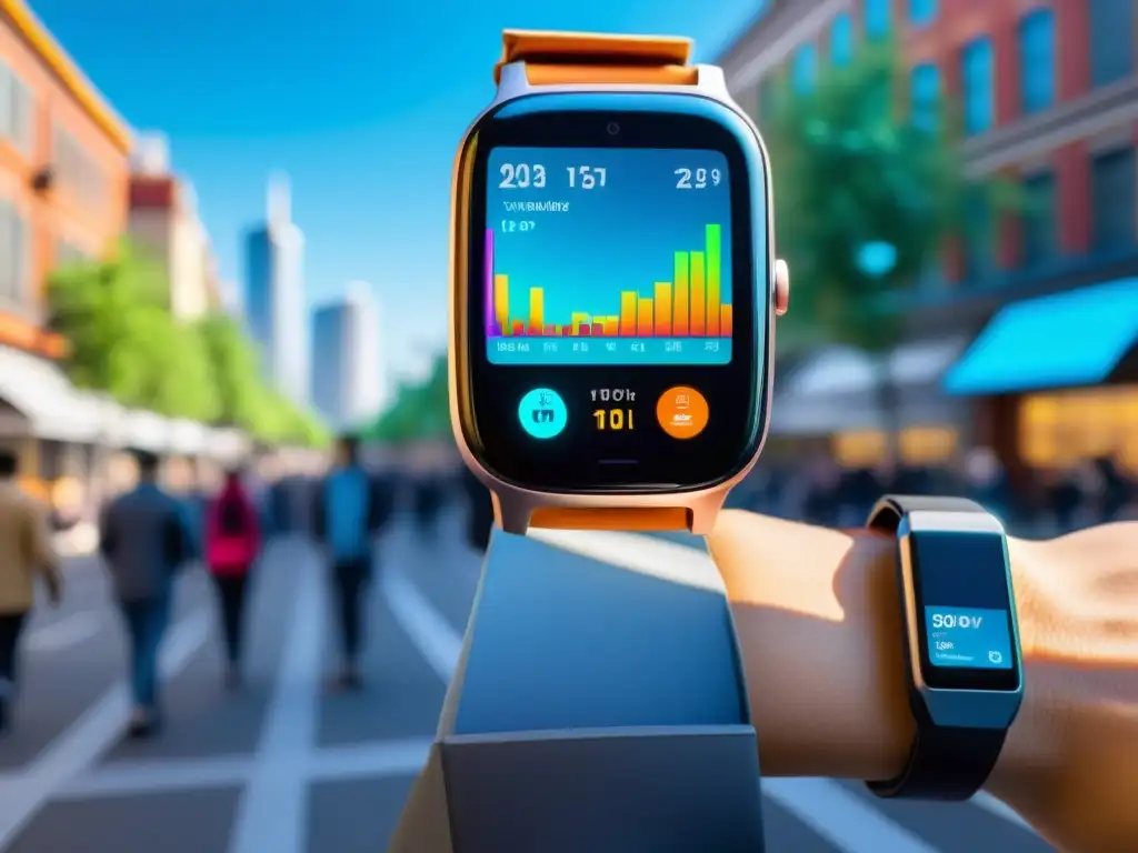 Dispositivo urbano muestra calidad del aire en tiempo real Vibrante dispositivo wearable muestra calidad del aire en la ciudad, promoviendo consciencia ambiental y tecnología