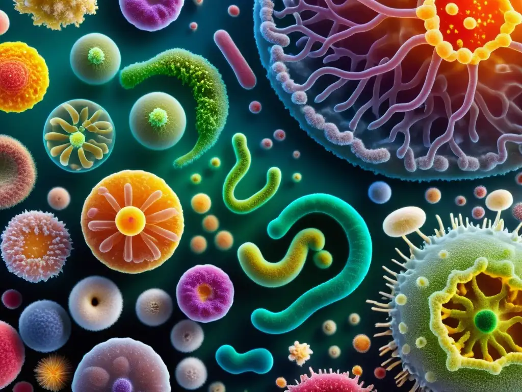 Vibrante colonia de microbiota intestinal Una vibrante y diversa colonia de microbiota intestinal, destacando la importancia en enfermedades inflamatorias intestinales