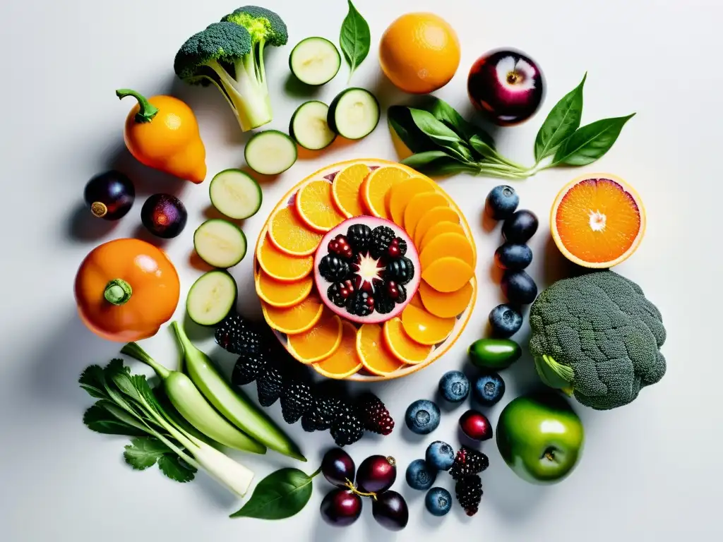 Exquisita exhibición de frutas y verduras para fortalecer la inmunidad Vibrante y diversa selección de frutas y verduras dispuestas en un patrón circular en una encimera blanca