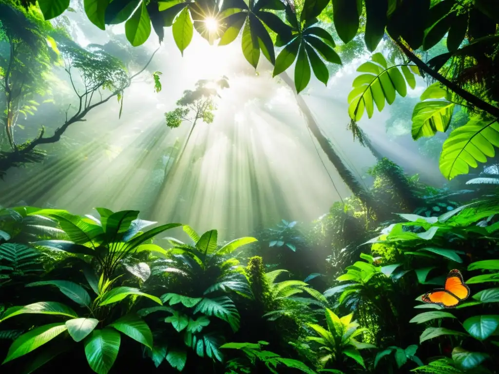 Esplendor biodiverso: bosque tropical vibrante Vibrante escena de selva tropical con diversa vida vegetal, aves y mariposas