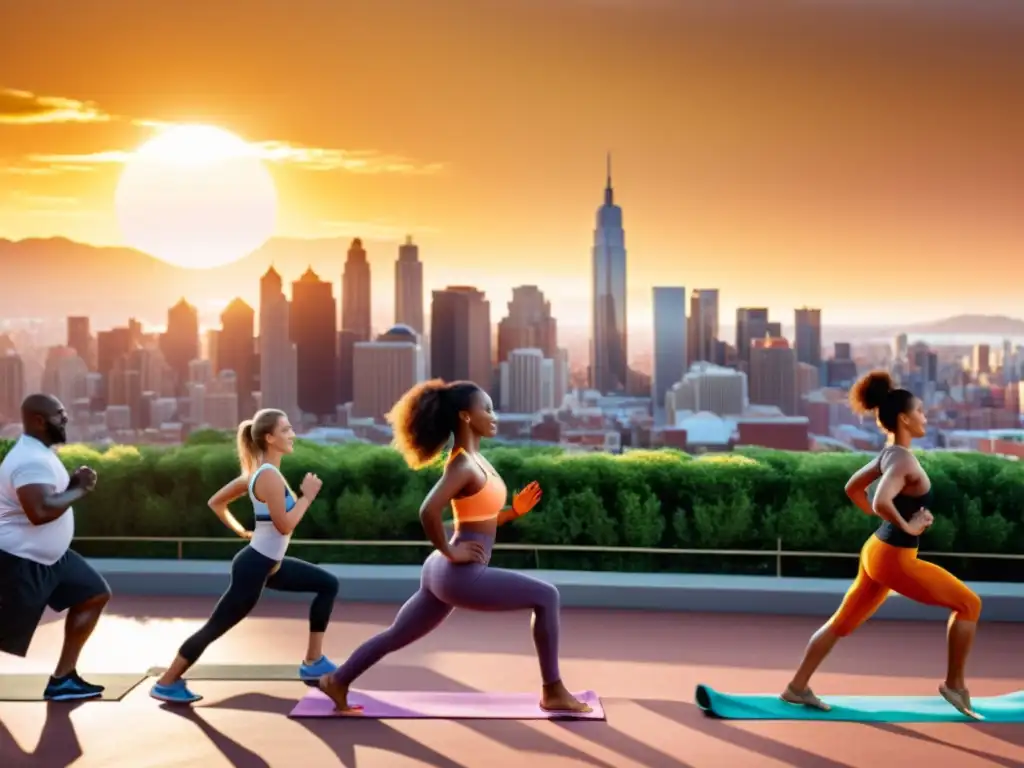 Vida saludable en la ciudad: diversidad, vitalidad y bienestar Una vibrante escena urbana con personas diversas practicando yoga, corriendo y consumiendo alimentos saludables