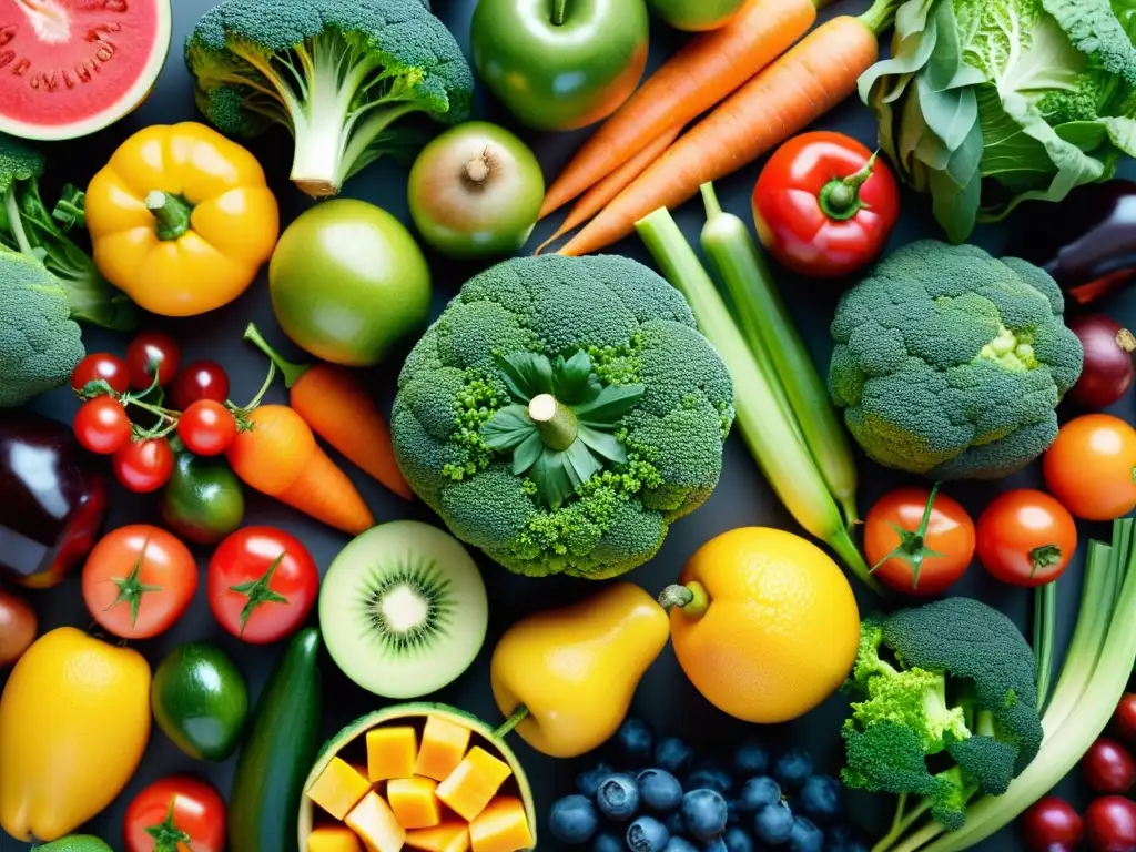 Arte nutricional: variedad de frutas y verduras vibrantes Una vibrante exhibición de frutas y verduras coloridas, resaltando la importancia de la nutrición deportiva para el sistema inmune